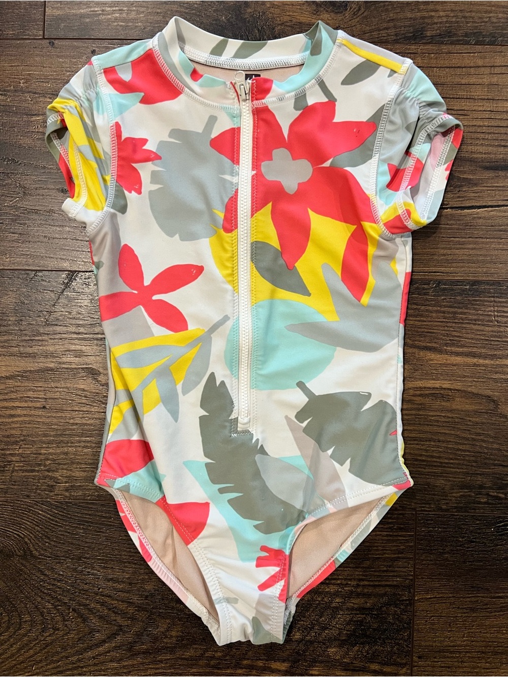 Tea Girls Floral Zip-Front One-Piece Swimsuit in White with Coral/Yellow Accents